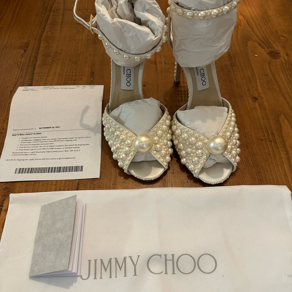 Jimmy Choo White Satin Sandals with All Over Pearls
Used